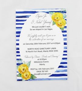 WEDINV101 By the sea blue stripes and yellow flowers printed invitation
