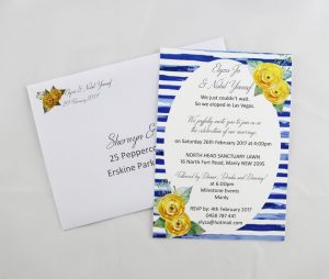 WEDINV101 By the sea blue stripes and yellow flowers printed invitation and envelope