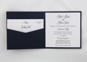 WEDINV107 inside of White lace and blue bow country invitation with rsvp and wishing well card
