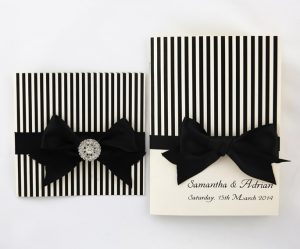 WEDINV141 Black Stripes wedding invitation Black Ribbon and Bow with Diamante with ceremony book