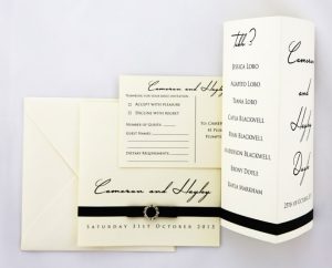 WEDINV156 Cream textured wedding Invitation With Black Ribbon bow and diamante envelope rsvp card and table menu