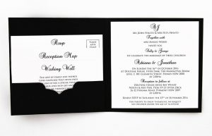WEDINV158 Black textured wedding invitation with White Pebbles Paper Translucent and Diamantes Inside with pocket