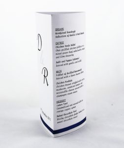 WEDINV31 White with navy blue ribbon table menu menu details