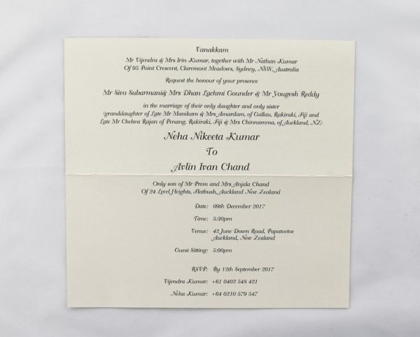 WEDINV132 inside of cream invitation with red and silver foil paper and diamante row