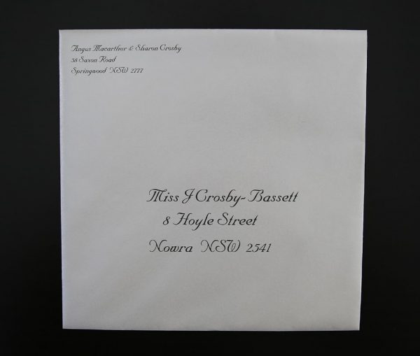WEDINV01 envelope for pink ribbon and bow with pearl ivory wedding invitation