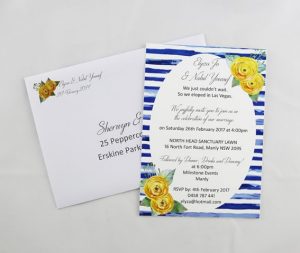WEDINV101 By the sea blue stripes with yellow flowers printed invitation and envelope