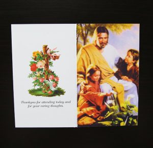 Front and back of childrens religious christian folded memorial card