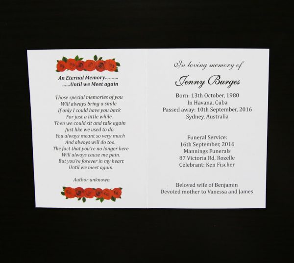 inside non religious memorial funeral card with roses