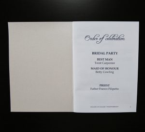 inside of short Ceremony wedding booklet ivory and white
