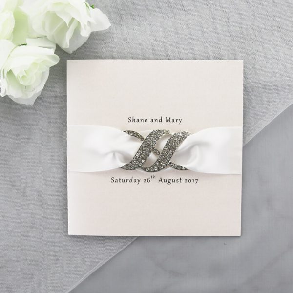 WEDINV116 Ivory Wedding Invitation with White Ribbon and Infinity Diamante