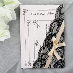 WEDINV129 Vintage White and Black Lace with Brown Ribbon Wedding Invitation