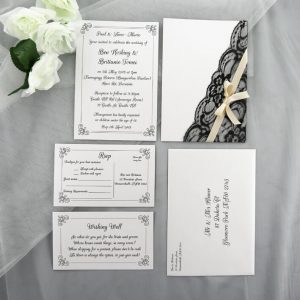 WEDINV129 Vintage White and Black Lace with Brown Ribbon Wedding Invitation set