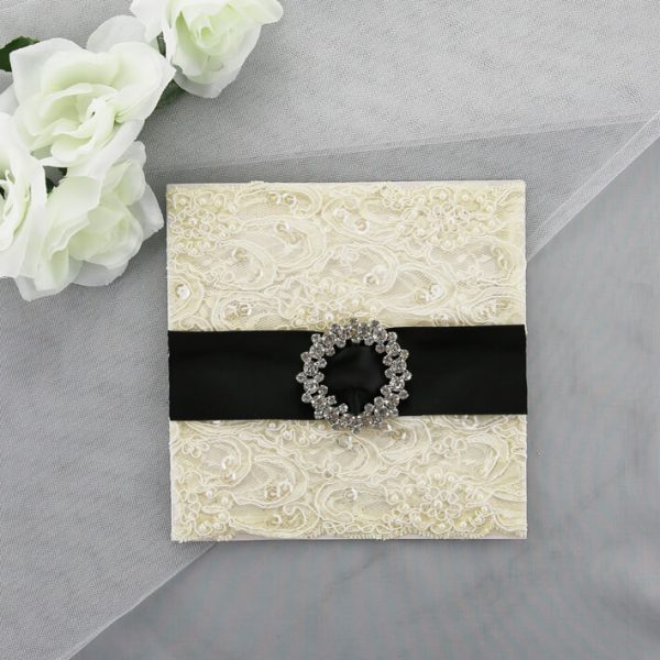 WEDINV131 Black and Ivory Beaded Lace Wedding Invitations