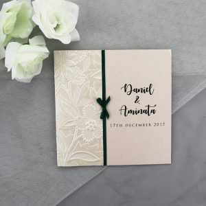 WEDINV134 Ivory Wedding Invitation with Floral Embossed Paper and Green Ribbon