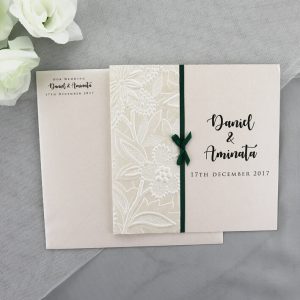 WEDINV134 Ivory Wedding Invitation with Floral Embossed Paper and Green Ribbon with envelope
