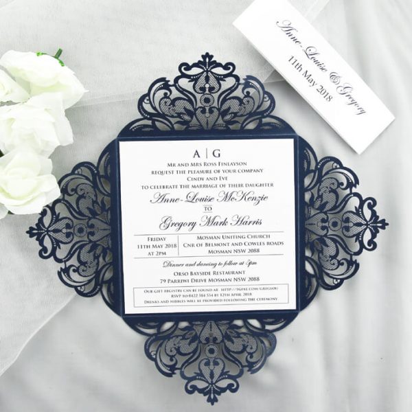 WEDINV146 inside of Navy Lasercut Wedding Invitation with White Belly Band