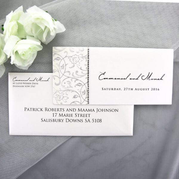 WEDINV157 White Invitation with Olivia Chiffon Paper and Diamante Row with envelopes