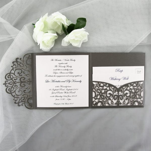 WEDINV22 inside of Grey Lasercut Wedding Invitation with Lasercut Pocket wedding set
