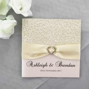 WEDINV73 Cream Ribbon and Cream Pebbles Paper Ivory Wedding Invitation