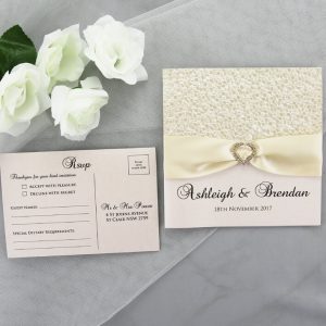 WEDINV73 Cream Ribbon and Cream Pebbles Paper Ivory Wedding Invitation with rsvp
