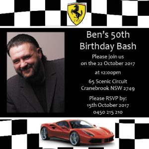 black and white theme race car Ferrari birthday invitation