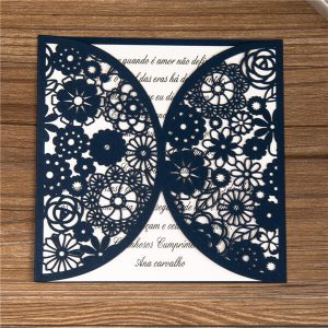 LASINV67 navy floral rounded Lasercut Invitation with card