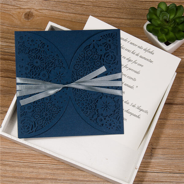 LASINV67 navy floral rounded Lasercut Invitation with card with ribbon