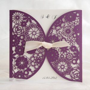 LASINV69 Purple floral rounded Lasercut Invitation with card