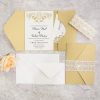 WEDINV114 Brown pocket invitation with lasercut belly band and lasercut insert wedding invitation set