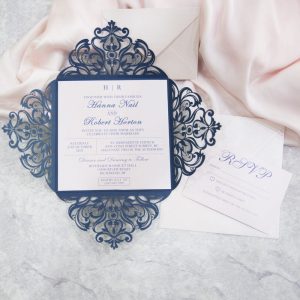 WEDINV146 Inside of Navy Blue lasercut wedding invitation with white belly band