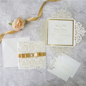WEDINV151 Ivory wedding invitation with gold ribbon bow and diamante set