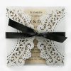 WEDINV28 Silver lasercut wedding invitation with rustic brown insert and black ribbon to close