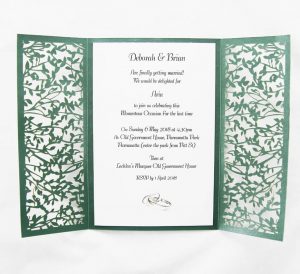 WEDINV34 inside of green leaf lasercut gatefold wedding invitation with white insert