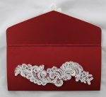 WEDINV37 front inside panel Dark Red wedding invitation pouch with white lace and diamante