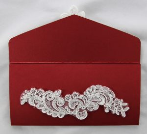 WEDINV37 front inside panel Dark Red wedding invitation pouch with white lace and diamante