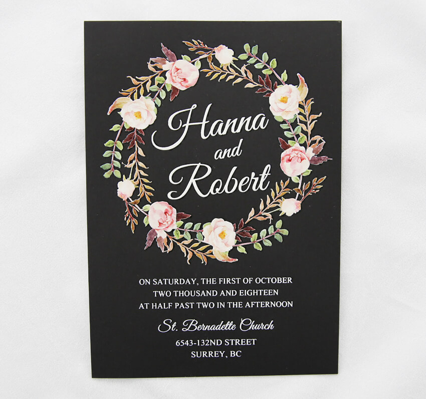 WEDINV44 black wedding invitation with thermographic floral design printed in white