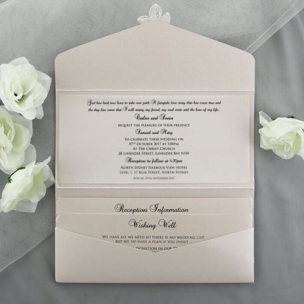 WEDINV03 inside of Ivory Pocket Invitation with Lace and Diamante wedding invitation set