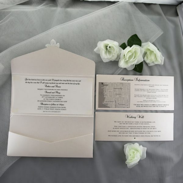 WEDINV03 inside of Ivory Pocket Invitation with Lace and Diamante wedding set