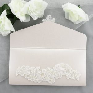WEDINV03 middle panel of Ivory Pocket Invitation with Lace and Diamante wedding invitation