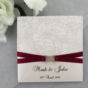WEDINV160 Ivory Wedding Invitation With Flowers Paper Red Ribbon CC Diamante