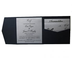 WEDINV161 inside of navy blue pocket fold wedding invitation with silver insert on left hand side and pocket on right hand side with rsvp wishing well and accomadation card