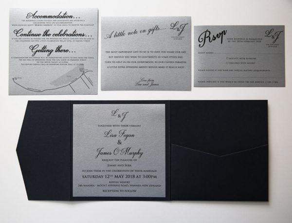 WEDINV161 inside of navy blue pocket fold wedding invitation with silver insert on left hand side and pocket on right hand side with rsvp wishing well and accomadation cards