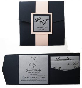 WEDINV161 navy blue pocket fold wedding invitation with silver and blush