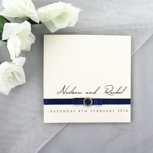 WEDINV122 Textured Wedding Invitation with Navy Blue Ribbon, Bow and Diamante