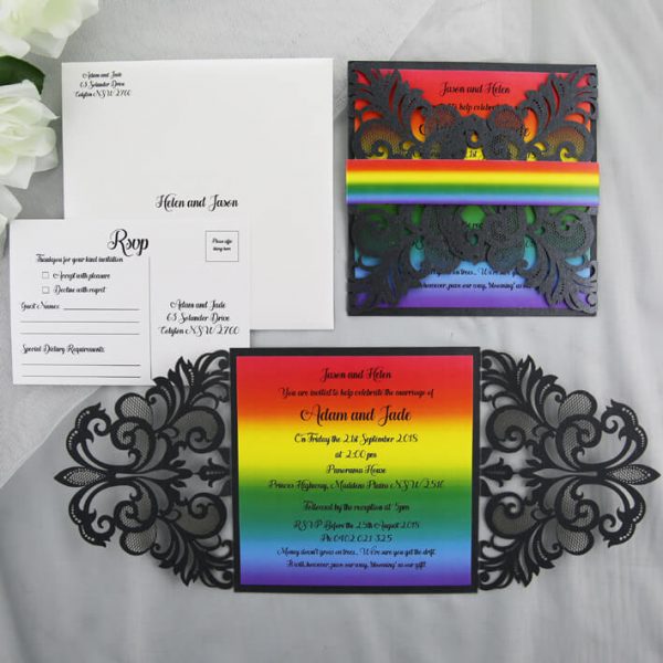 WEDINV91 Black Lasercut Rainbow Wedding Invitation with Rainbow Belly Band