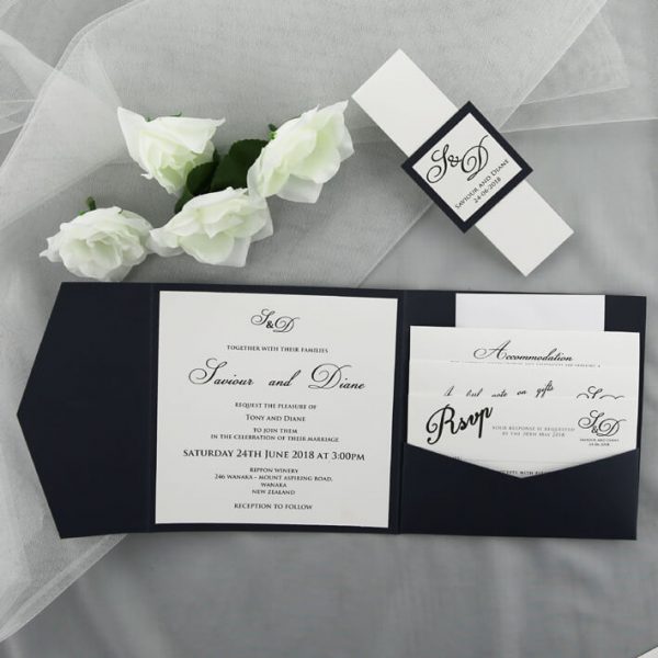 WEDINV166 inside of navy blue pocketfold invitations with white insert wedding set in pocket