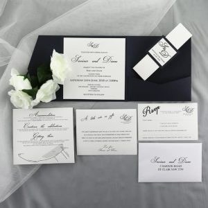WEDINV166 inside of navy blue pocketfold invitations with white inserts wedding set