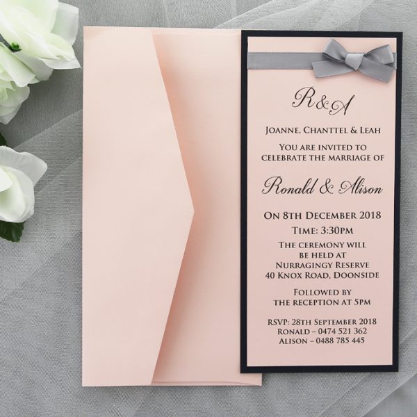 WEDINV167 Pink Navy and Silver Invitation with Ribbon and Bow