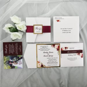 WEDINV169 burgundy and Gold Floral Wedding Invitations set