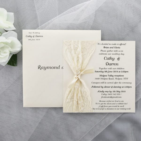 WEDINV170 Cream lace nd ribbon wedding invitation